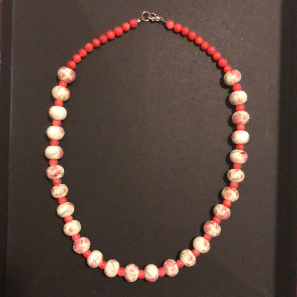 Handmade pink and white floral necklace